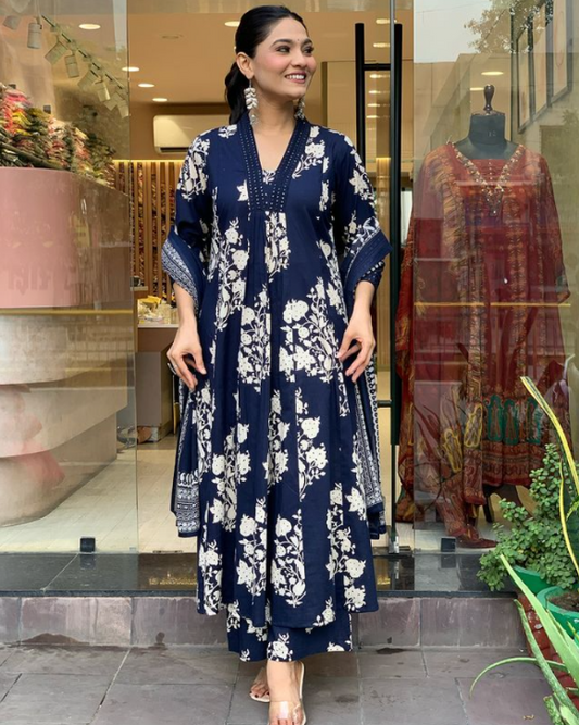 Designer Pure Cotton Kurta Pant with Dupatta Set #1