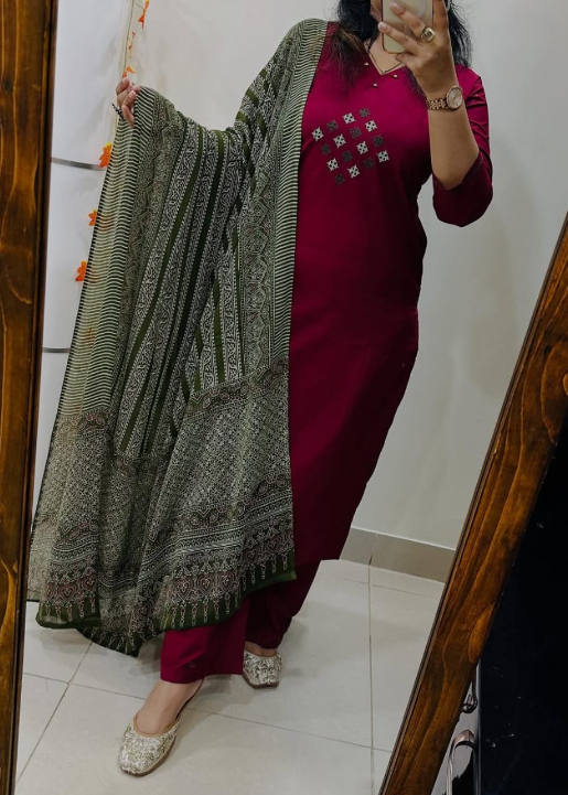Designer Pure Cotton Kurta Pant with Dupatta Set #3