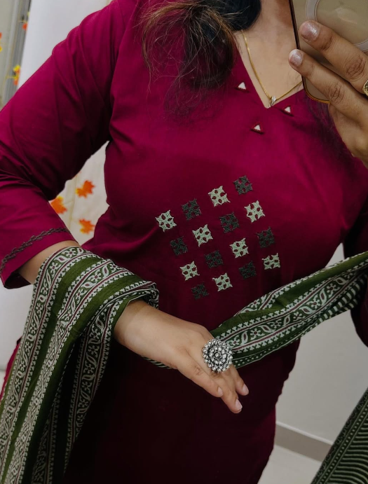 Designer Pure Cotton Kurta Pant with Dupatta Set #3
