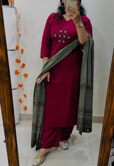 Designer Pure Cotton Kurta Pant with Dupatta Set #3