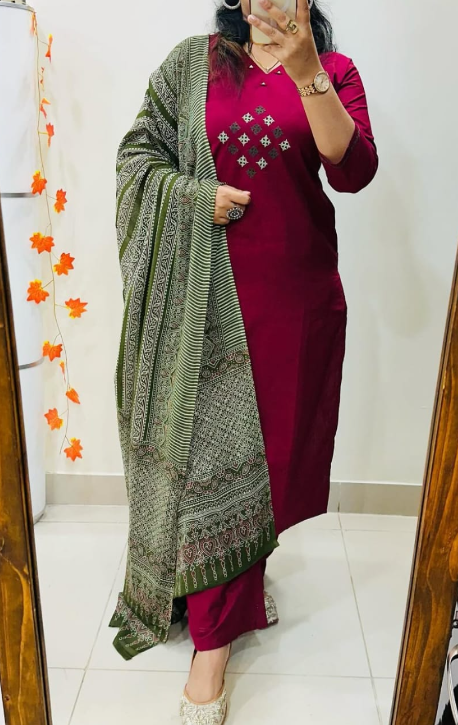 Designer Pure Cotton Kurta Pant with Dupatta Set #3