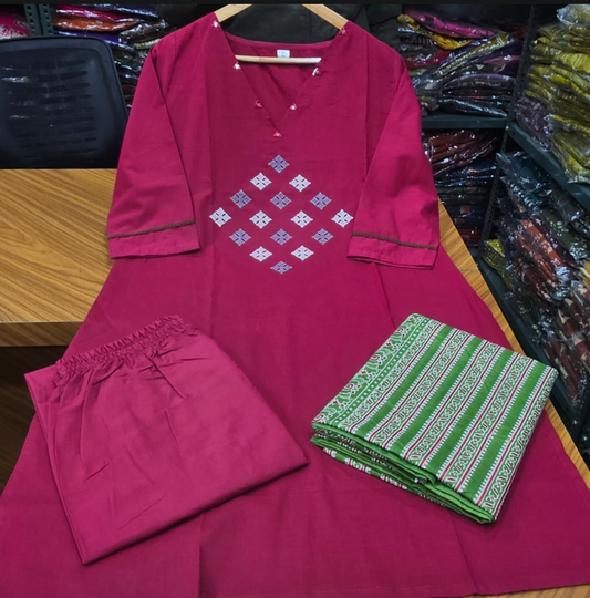 Designer Pure Cotton Kurta Pant with Dupatta Set #3