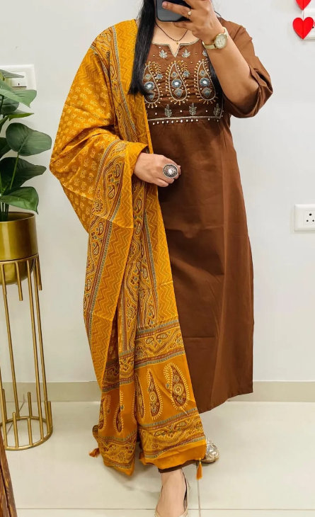 Designer Pure Cotton Kurta Pant with Dupatta Set #4