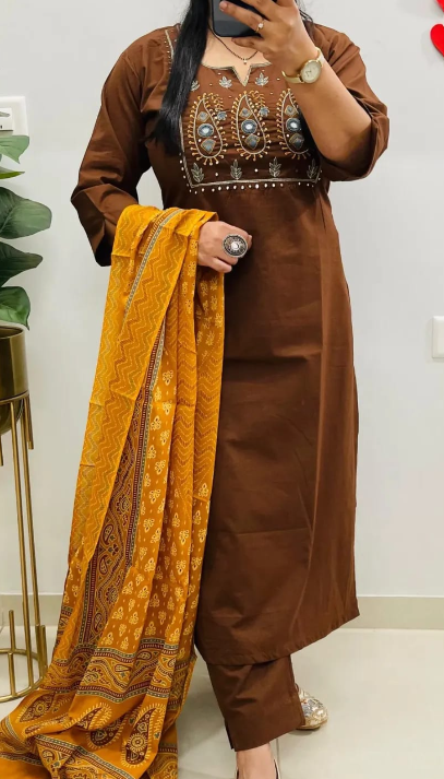 Designer Pure Cotton Kurta Pant with Dupatta Set #4