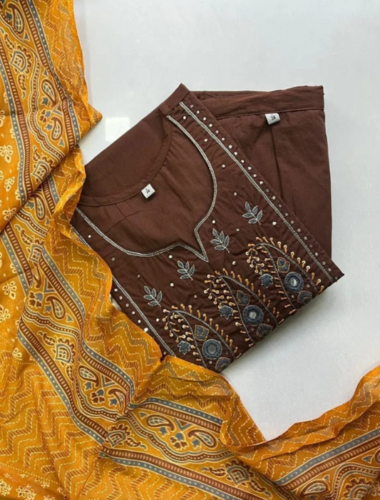 Designer Pure Cotton Kurta Pant with Dupatta Set #4