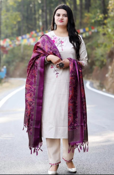 Designer Pure Cotton Kurta Pant with Dupatta Set #11