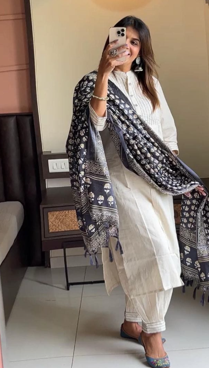 Designer Pure Cotton Kurta Pant with Dupatta Set #12