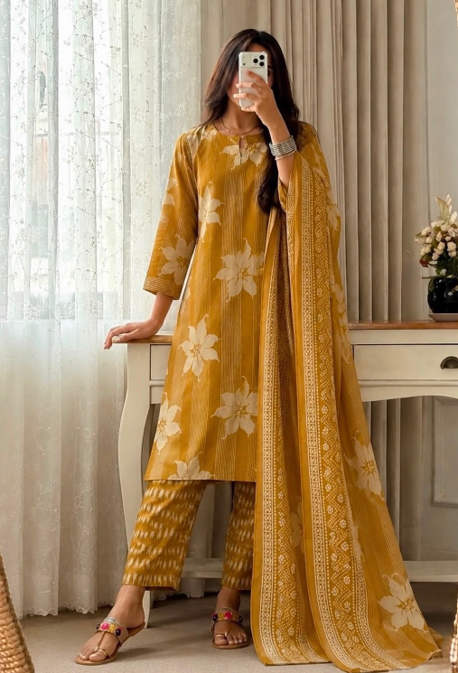 Designer Pure Cotton Kurta Pant with Dupatta Set #13