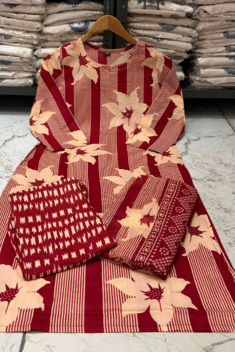 Designer Pure Cotton Kurta Pant with Dupatta Set #13