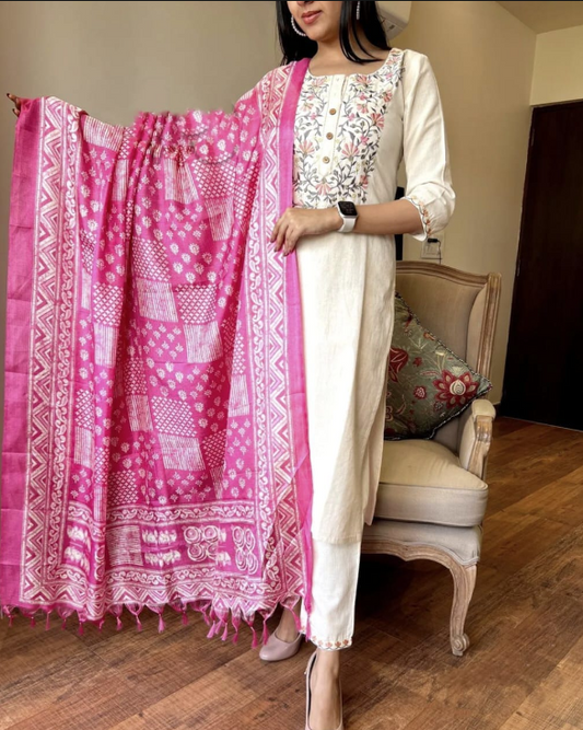 Designer Pure Cotton Kurta Pant with Dupatta Set #14