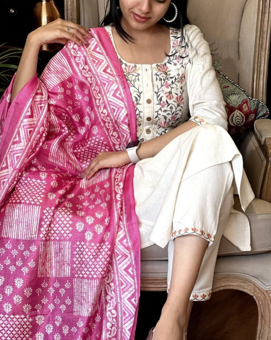 Designer Pure Cotton Kurta Pant with Dupatta Set #14