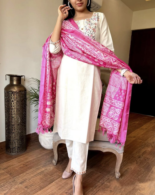 Designer Pure Cotton Kurta Pant with Dupatta Set #14