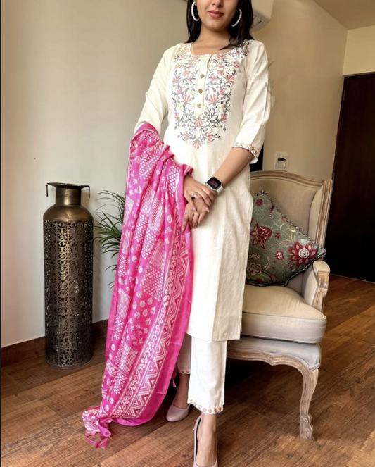 Designer Pure Cotton Kurta Pant with Dupatta Set #14