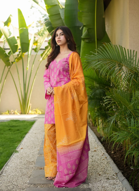 Designer Pure Cotton Kurta Pant with Dupatta Set #1