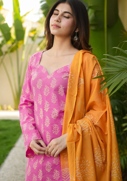 Designer Pure Cotton Kurta Pant with Dupatta Set #1