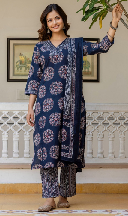 Designer Pure Cotton Kurta Pant with Dupatta Set #16