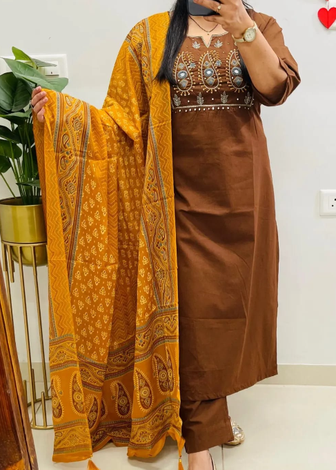 Designer Pure Cotton Kurta Pant with Dupatta Set #4