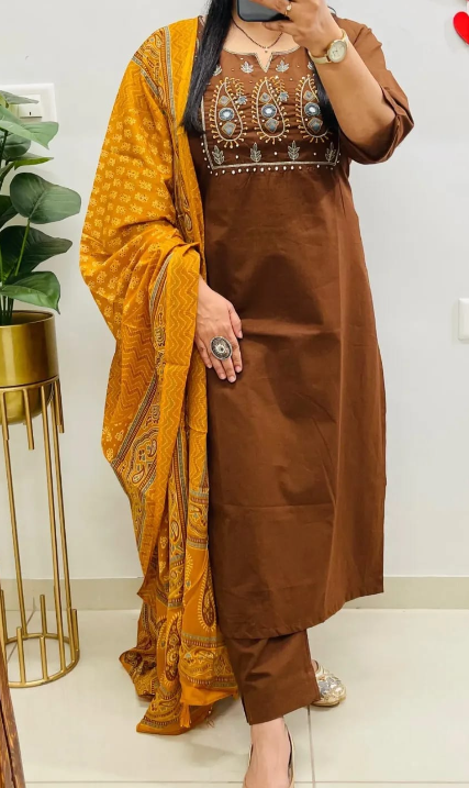 Designer Pure Cotton Kurta Pant with Dupatta Set #4