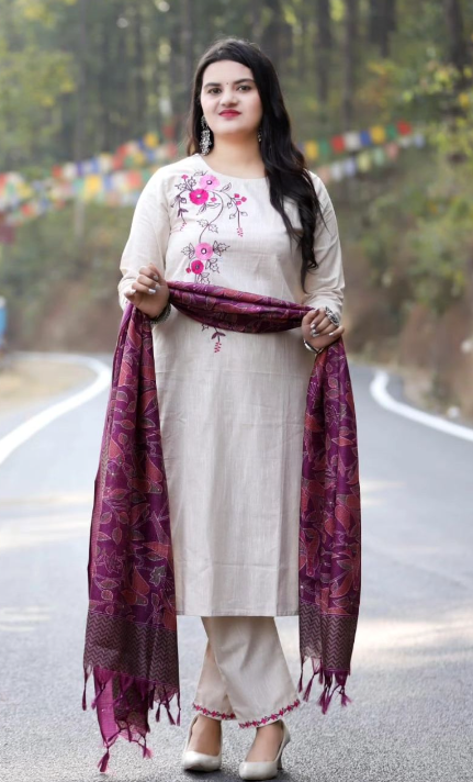 Designer Pure Cotton Kurta Pant with Dupatta Set #11