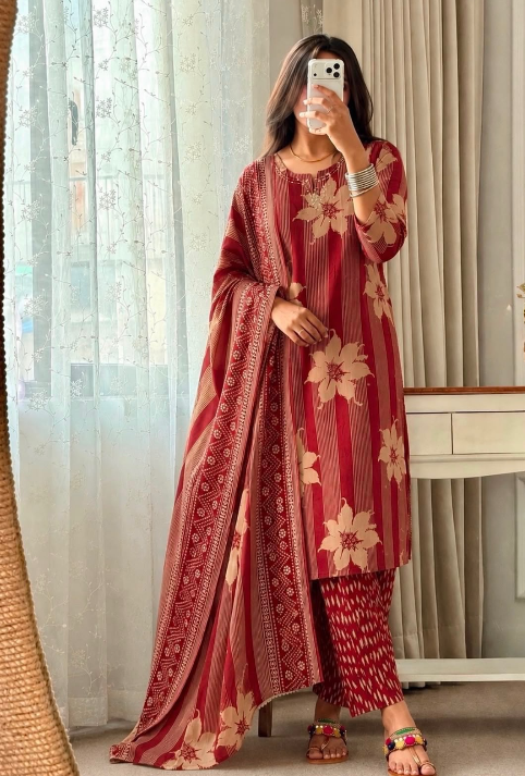 Designer Pure Cotton Kurta Pant with Dupatta Set #13