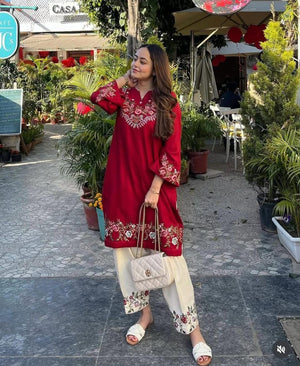 Red Embroidered Co-ord Set