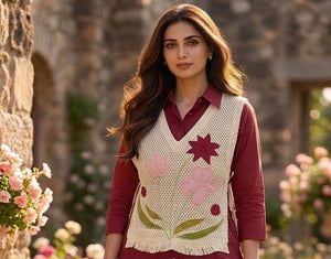 Premium Jute Co-ord Set with Embroidery Red