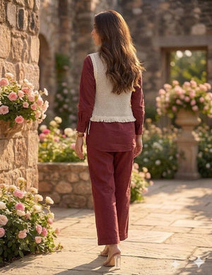Premium Jute Co-ord Set with Embroidery Red