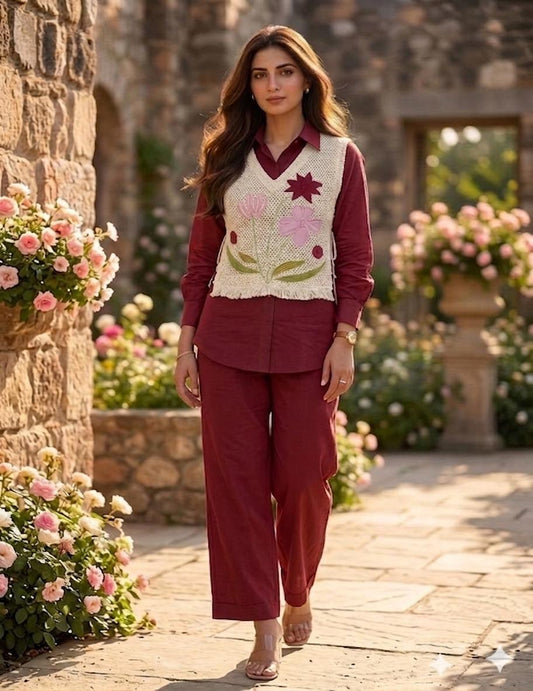 Premium Jute Co-ord Set with Embroidery Red