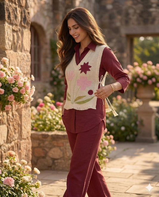 Premium Jute Co-ord Set with Embroidery Red
