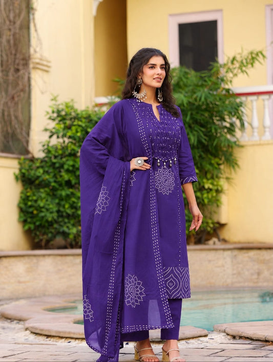 Traditional Premium Cotton Bandhej Straight Suit Set