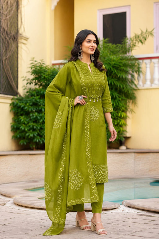 Traditional Premium Cotton Bandhej Straight Suit Set