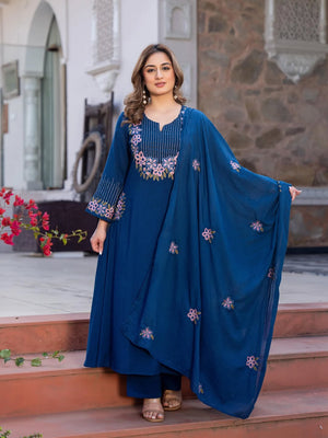 A-Line Cotton Kurti Pant with Embroidered Dupatta Set