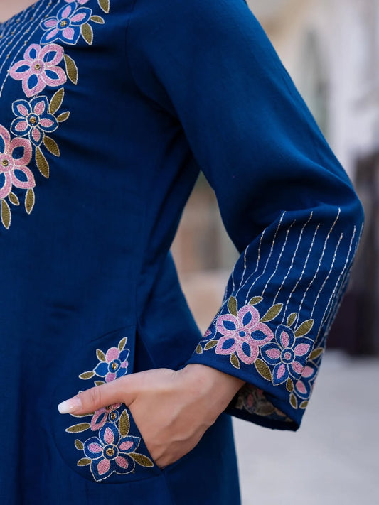 A-Line Cotton Kurti Pant with Embroidered Dupatta Set