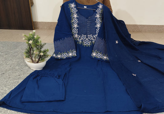 A-Line Cotton Kurti Pant with Embroidered Dupatta Set