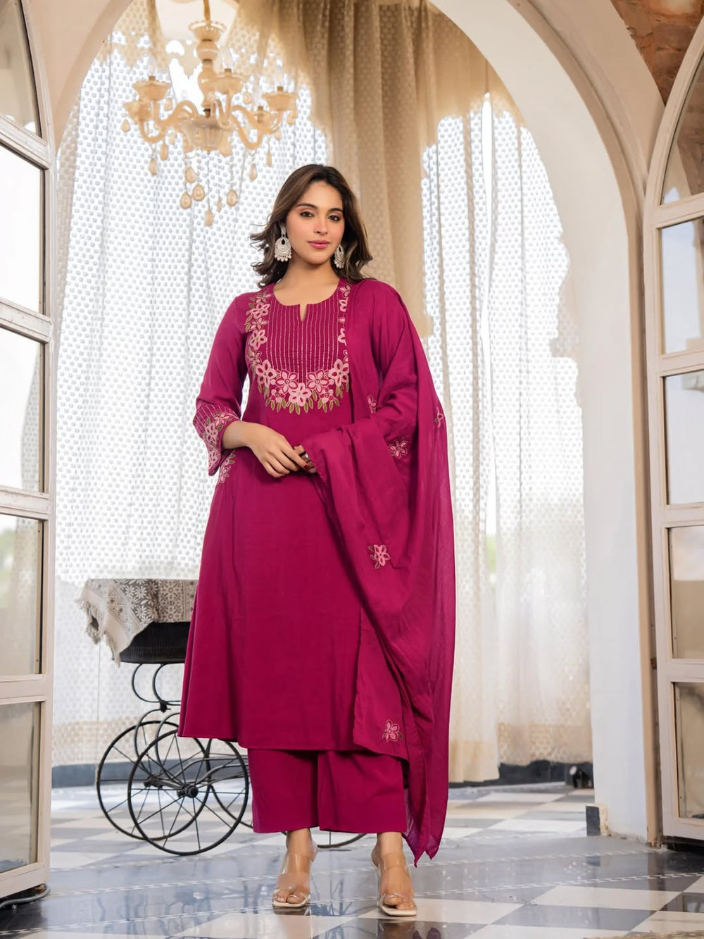 A-Line Cotton Kurti Pant with Embroidered Dupatta Set