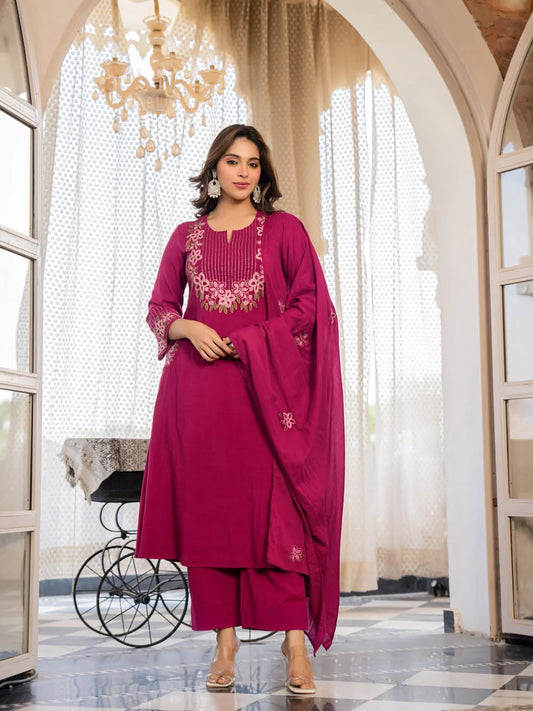 A-Line Cotton Kurti Pant with Embroidered Dupatta Set