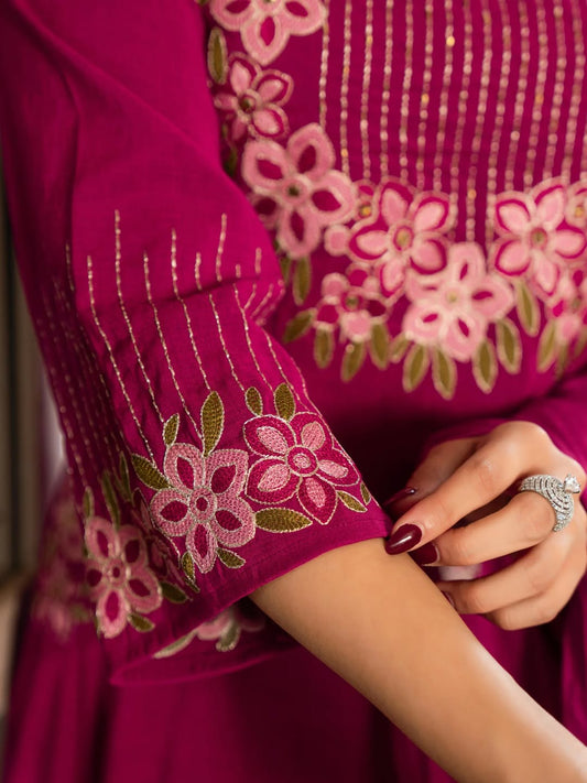A-Line Cotton Kurti Pant with Embroidered Dupatta Set