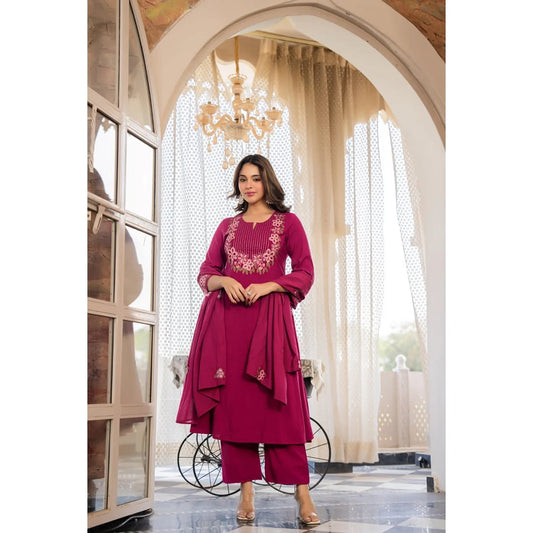A-Line Cotton Kurti Pant with Embroidered Dupatta Set