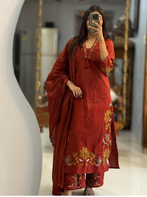 Premium Cotton Embroidered Kurti Pant Dupatta Set