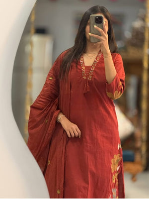 Premium Cotton Embroidered Kurti Pant Dupatta Set