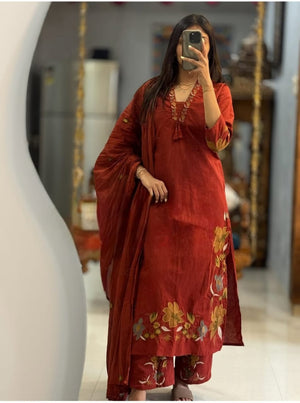 Premium Cotton Embroidered Kurti Pant Dupatta Set