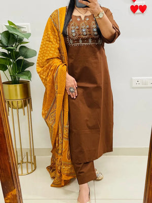 Heavy Embroidered Cotton Kurti Pant Dupatta Set