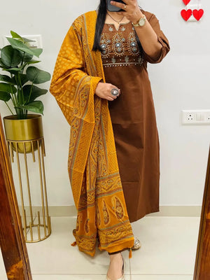 Heavy Embroidered Cotton Kurti Pant Dupatta Set