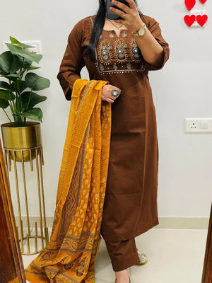 Heavy Embroidered Cotton Kurti Pant Dupatta Set