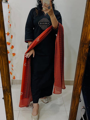 Heavy Embroidered Cotton Kurti Pant Dupatta Set