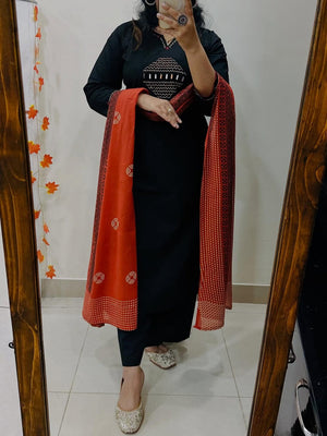 Heavy Embroidered Cotton Kurti Pant Dupatta Set