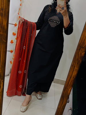 Heavy Embroidered Cotton Kurti Pant Dupatta Set