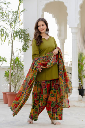 OLIVE MULTICOLOR FARSI SUIT 💚