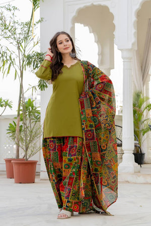 OLIVE MULTICOLOR FARSI SUIT 💚