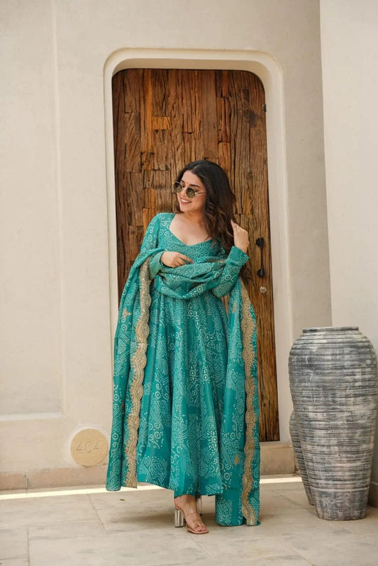 Cotton Bandhani Anarkali Kurti Set
